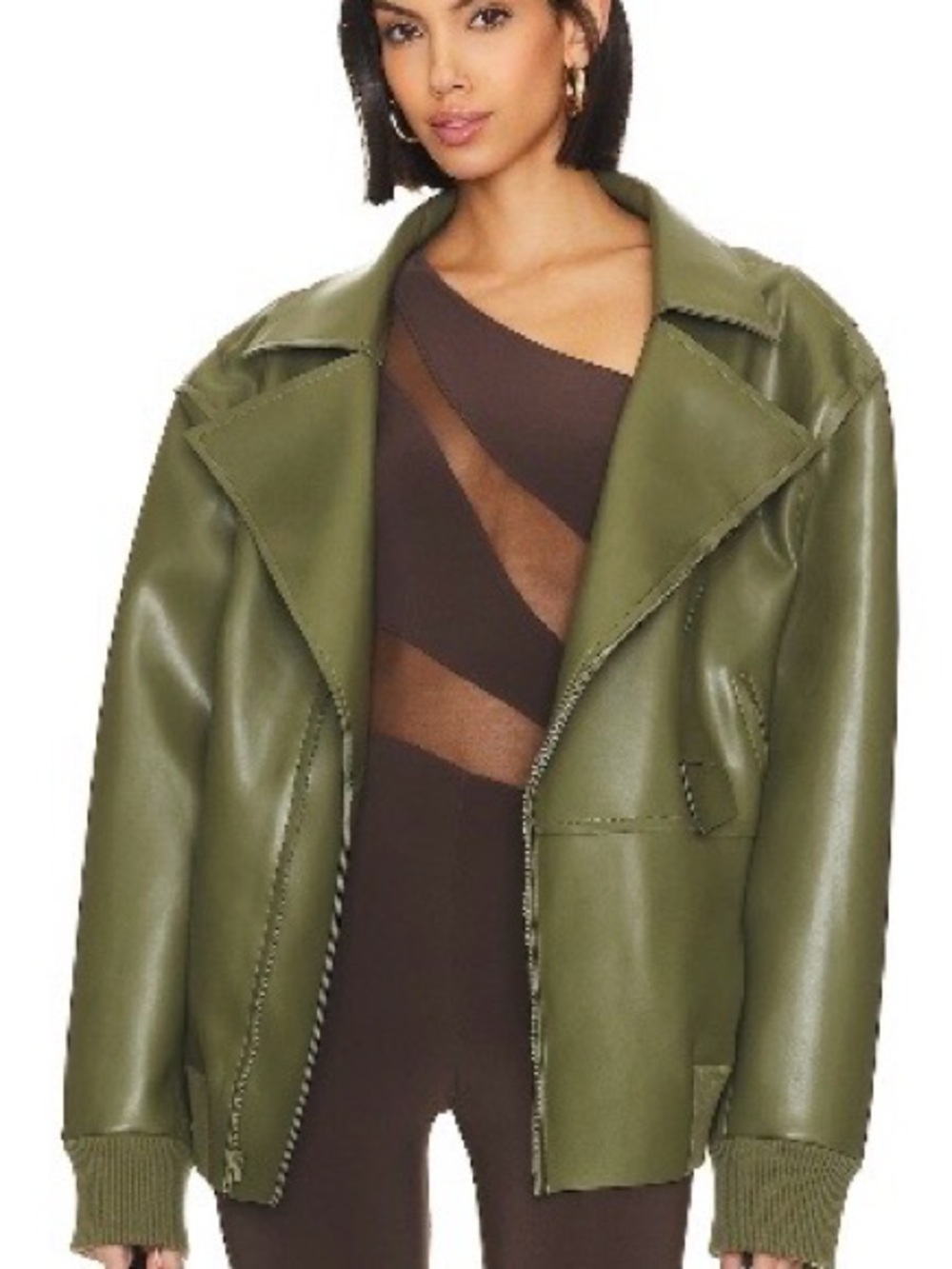 Norma Kamali Olive Green Faux Leather Oversized Jacket